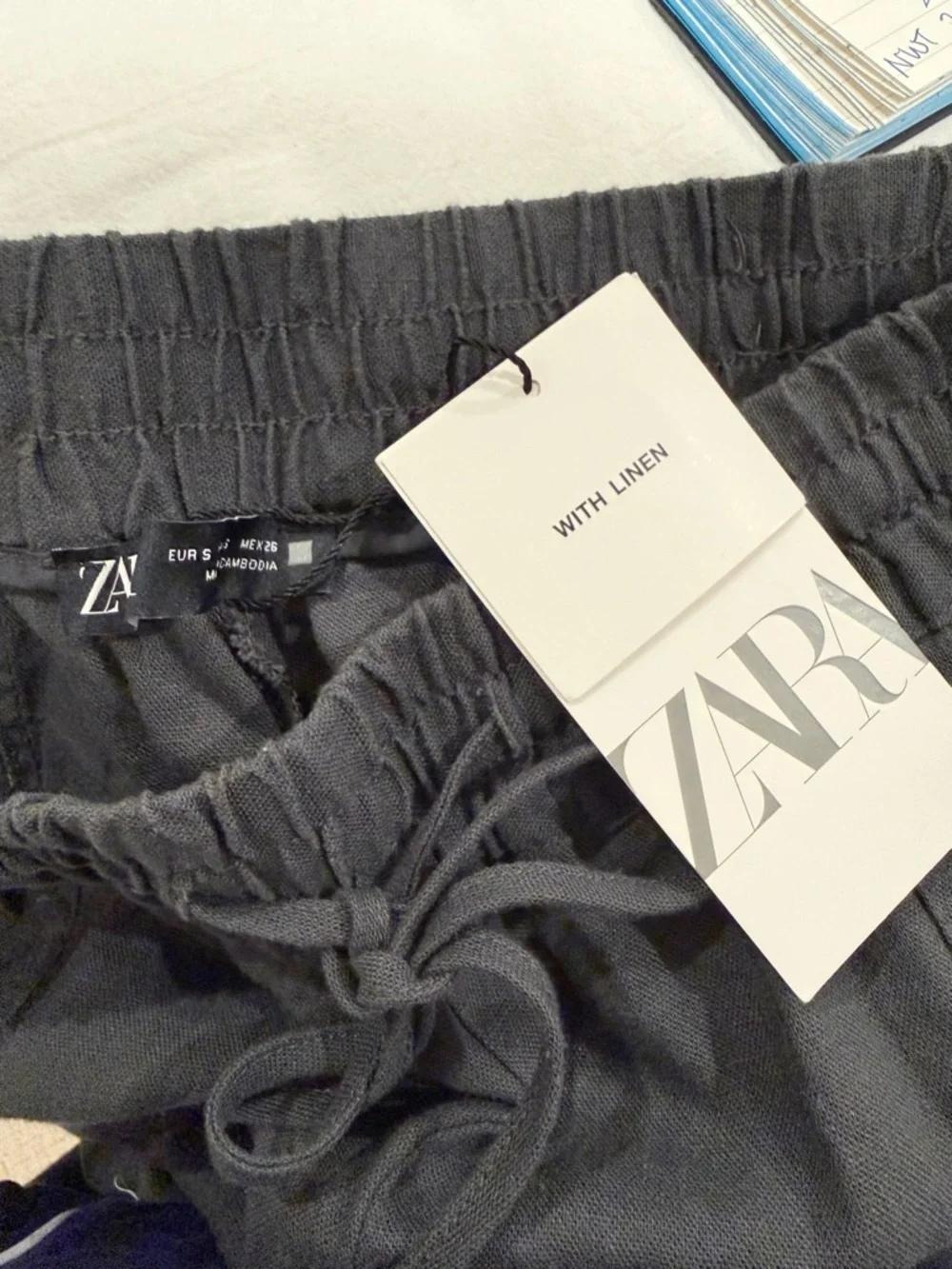 NWT ZARA Linen Blend Drawstring Pants‎ in Charcoal Grey size Small
